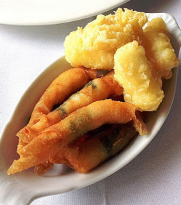 fish tempura and prawn beignet