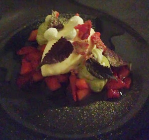 Strawberries, green tea sherbet, shiso meringue