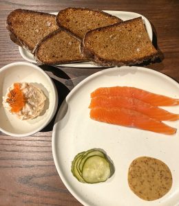 Salmon gravadlax and mousse with accompaniments